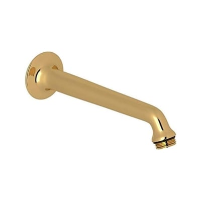 A brass shower head with a handle on a white background.
