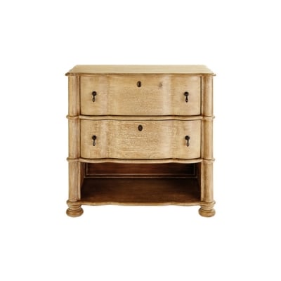 A curved wooden chest of drawers on a white background.