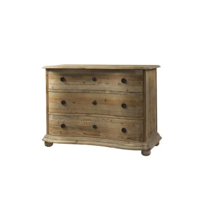 A curved wooden chest of drawers on a white background.