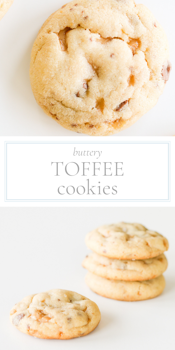 Toffee cookies are delicately arranged in a towering stack.