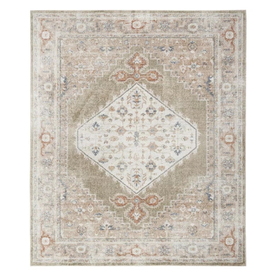 An arhaus look for less beige and tan rug with an ornate design.