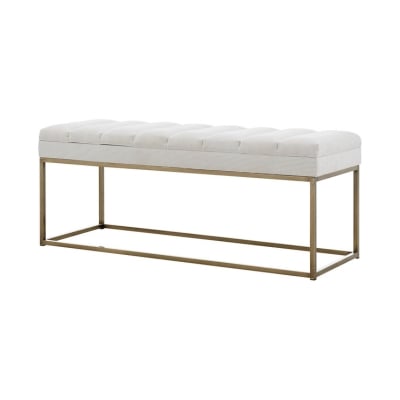 A white bench with a gold frame, perfect for those looking to achieve the luxurious Arhaus look for less.