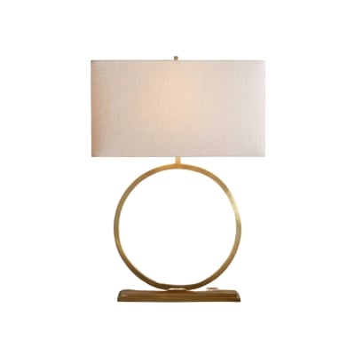 An affordable gold table lamp with a white shade, offering an Arhaus look for less.