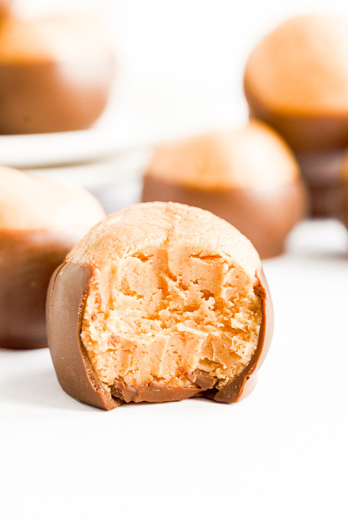 A tempting display of buckeye recipe, featuring a group of chocolate covered peanut butter balls arranged on a pristine white plate.