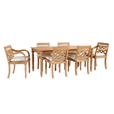 A teak patio furniture dining set with six chairs.