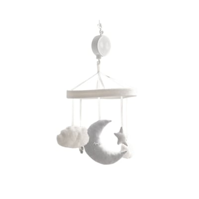 A white mobile with stars and clouds hanging from it.