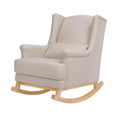 A beige rocking chair with wooden legs.