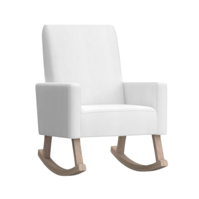 A white rocking chair with wooden legs.