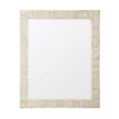 A mirror with a white frame against a serene white background, offering the Serena and Lily look for less.