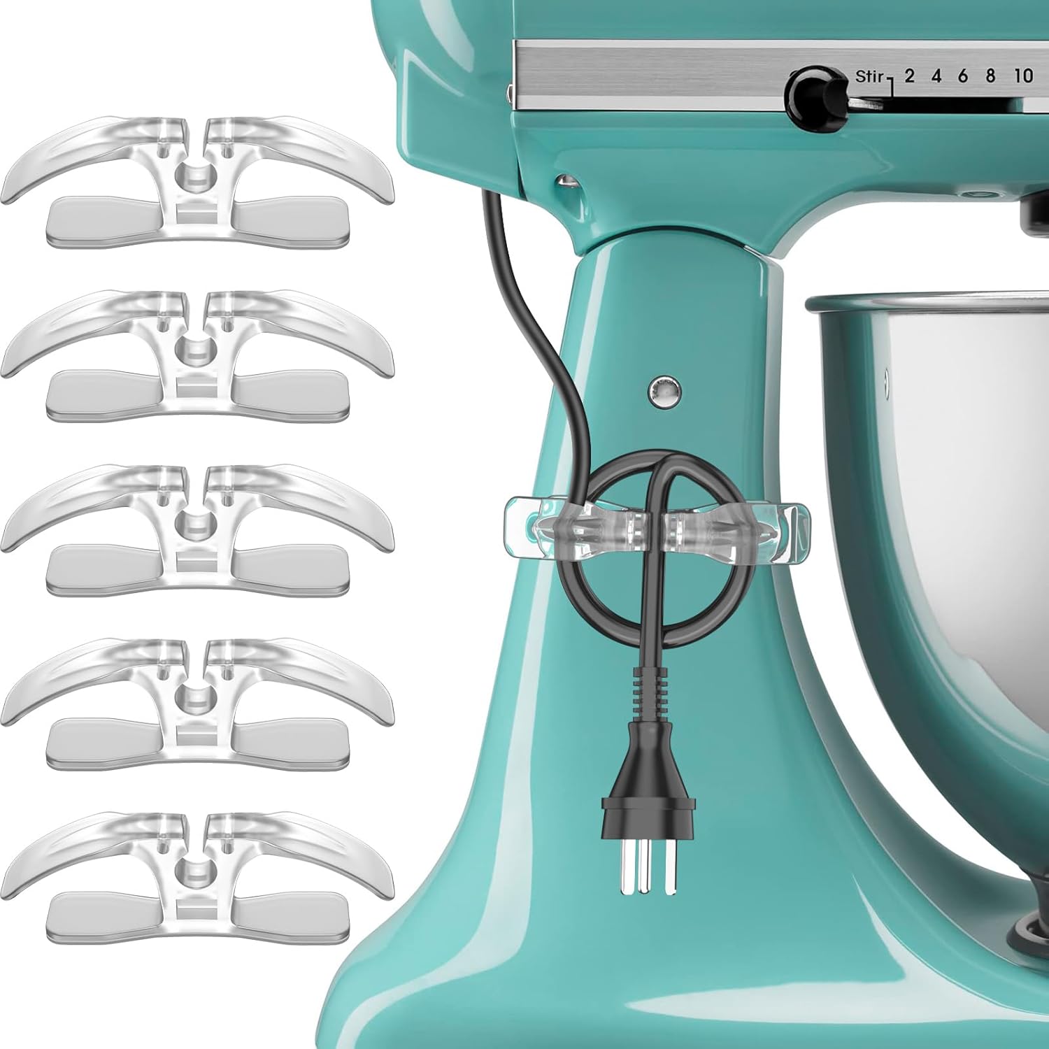 A teal stand mixer, a must-have among kitchen gadgets, features a handy cord organizer. Six plastic wall hooks are displayed on the left.