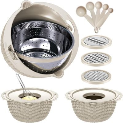 Kitchen set with mixing bowl, metal colander, grater attachments, and measuring spoons. These handy kitchen gadgets include components like grated cheese and a stirrer in a basket-like textured bowl.