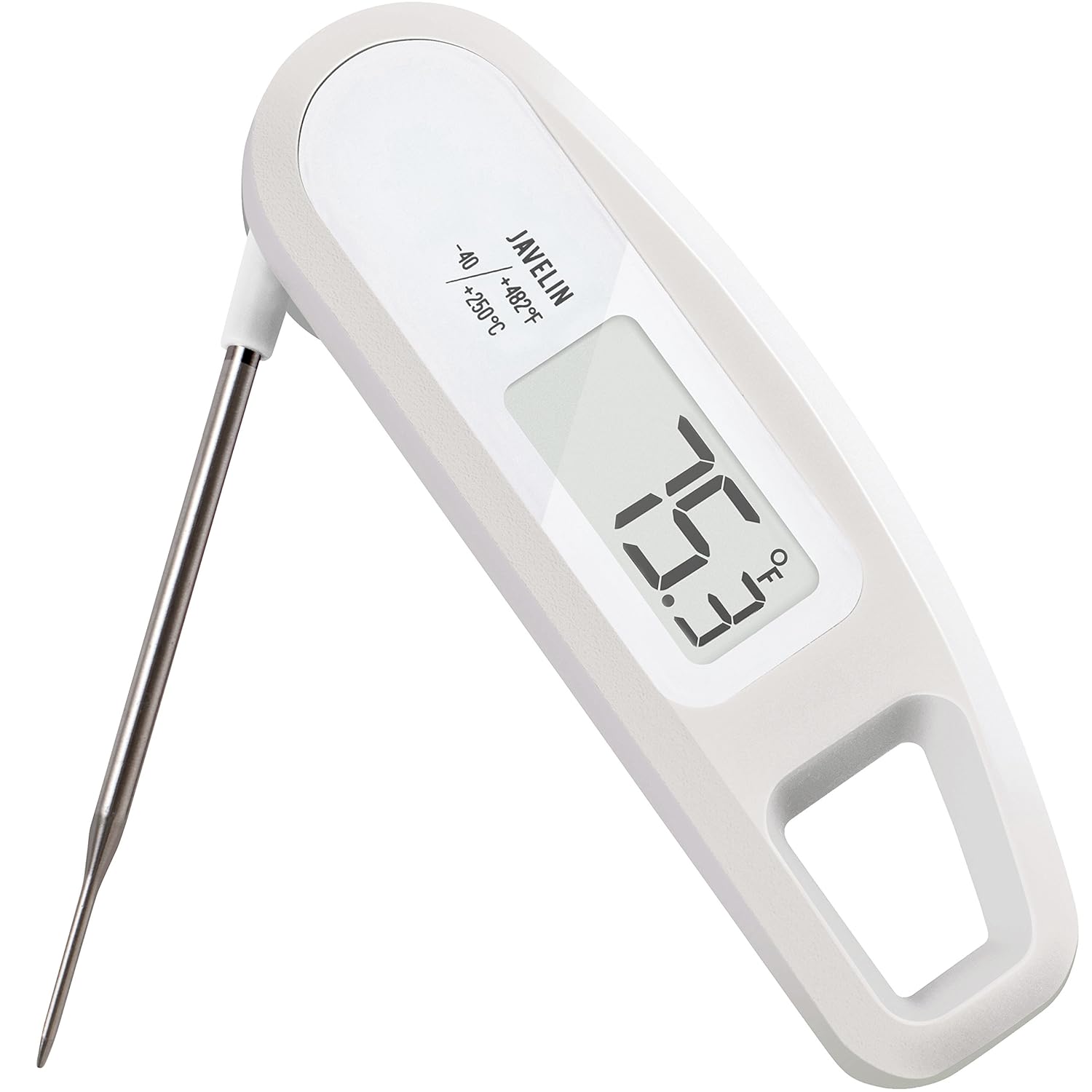 Ingenious kitchen gadget: a digital cooking thermometer with a metal probe and handle featuring a display showing 72.3°F.