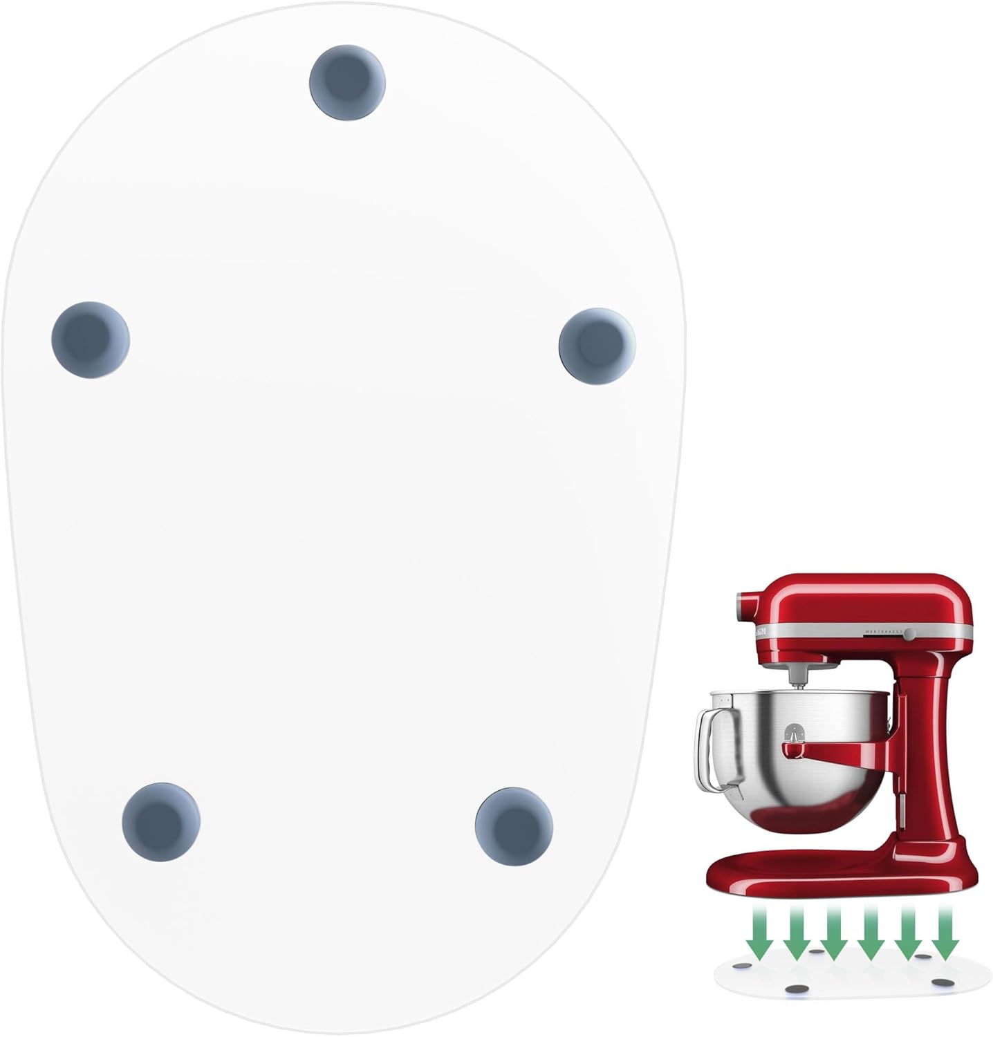 Illustration of a red kitchen gadget—a mixer—on a white mat with suction cups, highlighting its stability feature with downward arrows.