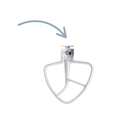 A silver metal beater attachment, a must-have among kitchen gadgets, with a blue arrow pointing to its top connection part.