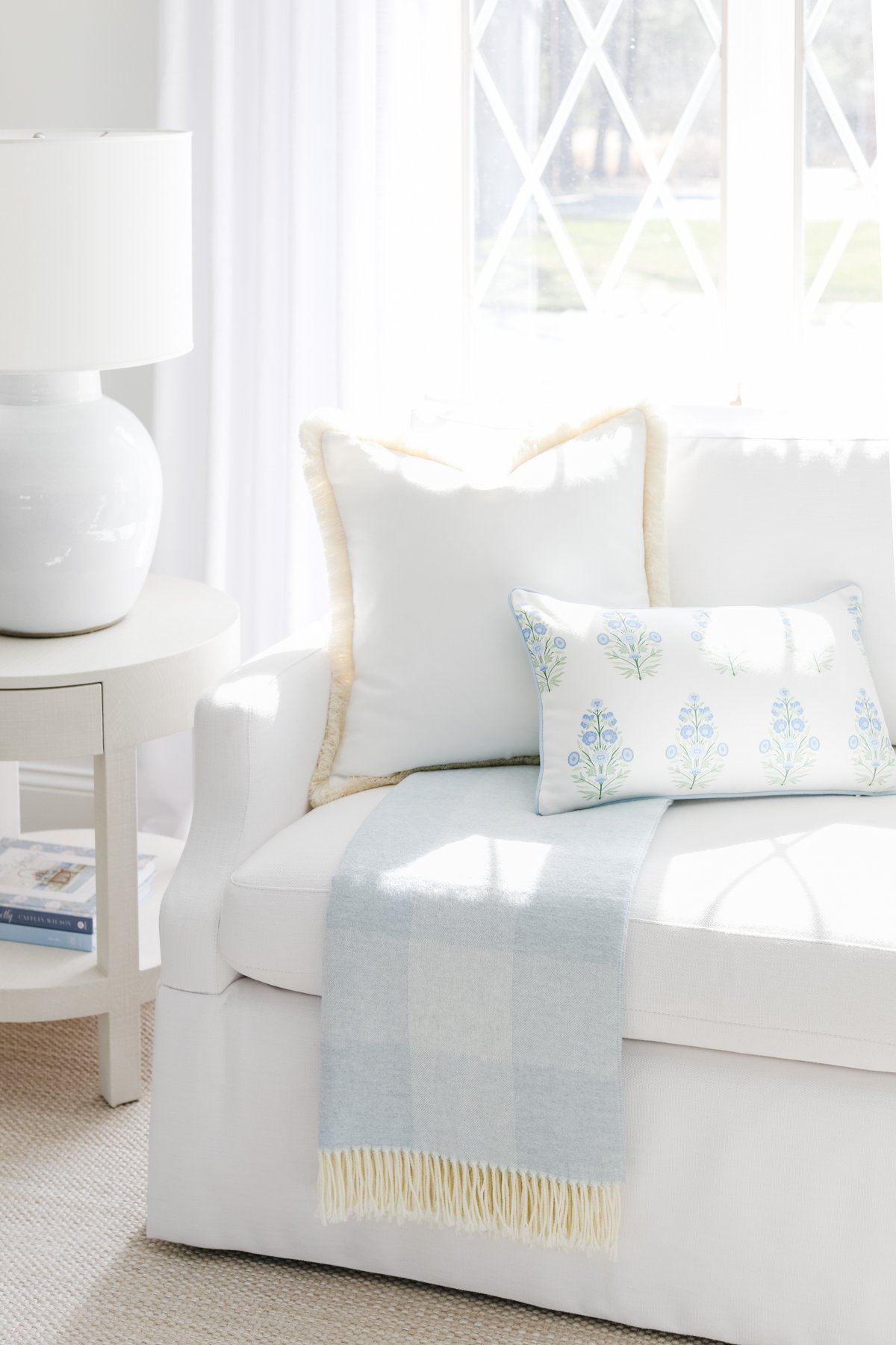 A living room with a white couch and blue outdoor pillows.