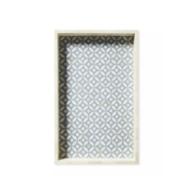 A rectangular tray with a white geometric pattern on a light blue background. The tray edges and border are light beige, offering a Serena and Lily look for less.