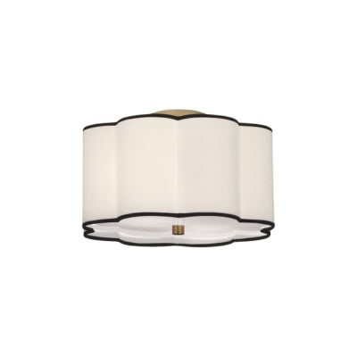 A scalloped white semi-flush ceiling light with black trim and a central metal fixture captures the Pottery Barn look for less, set against a plain background.