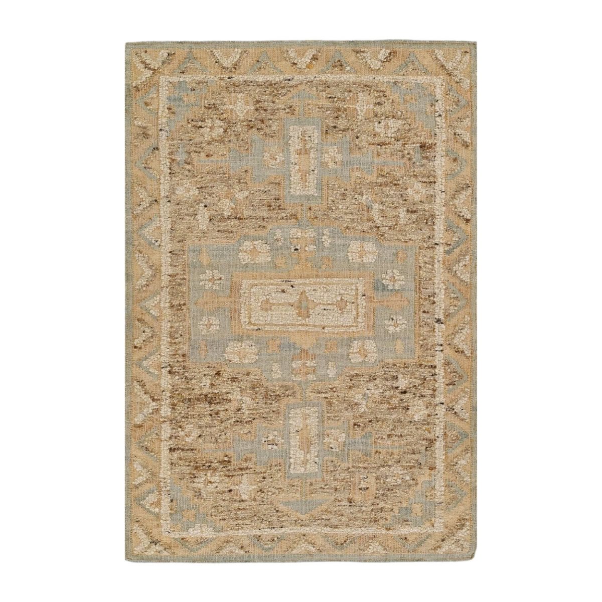 This rectangular rug boasts intricate beige and blue patterns, with geometric shapes and floral motifs, offering a beautiful pottery barn look for less.