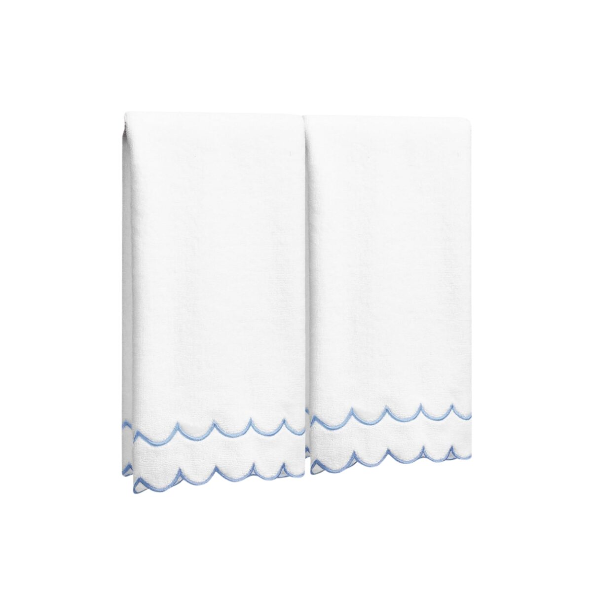 Two white towels with blue scalloped edges, folded neatly side by side, offer a chic look reminiscent of Pottery Barn for less.