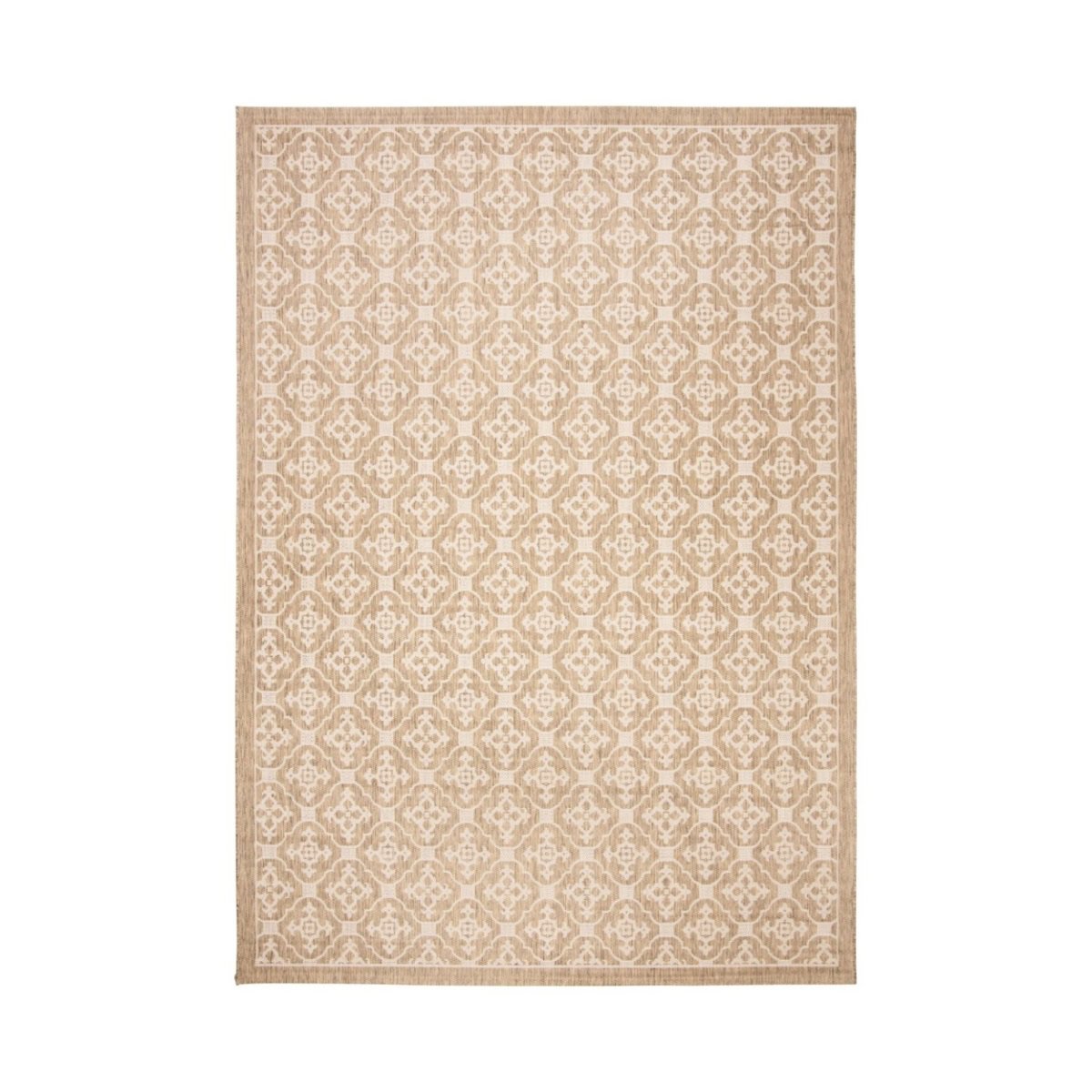 Discover a beige and cream ornate patterned area rug featuring a geometric floral motif, offering the perfect pottery barn look for less.