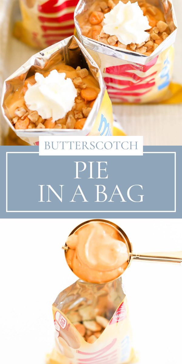 Open bag filled with butterscotch dessert, lavishly topped with whipped cream and crumbly bits. This delightful treat is aptly labeled "Butterscotch Pie in a Bag.