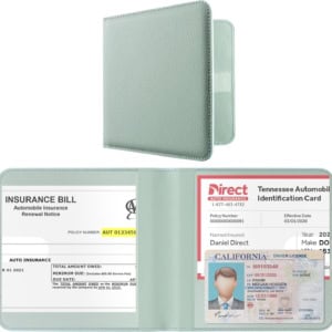 A light green wallet open to show an insurance bill, an auto insurance ID card, and a California driver's license—perfect for keeping essentials organized ahead of Prime Day deals.