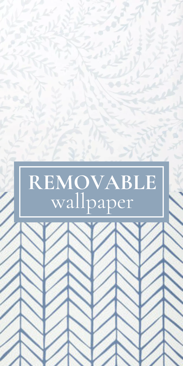 The image showcases two light blue and white wallpaper patterns with "Removable wallpaper" in the center. The top displays a leafy design, reminiscent of Serena and Lily wallpaper, while the bottom features a classic chevron pattern.