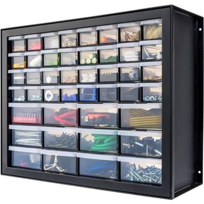 A black wall-mounted organizer, perfect for organizing crafts, features multiple clear drawers to neatly store various small tools and supplies.