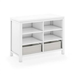 White wooden storage unit with open shelving and two pull-out drawers at the bottom, perfect for organizing your craft space ideas.