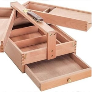 Wooden artist supply box with multiple compartments and a handle, perfect for organizing crafts. Shown open to reveal ample storage space, including a convenient pull-out drawer.