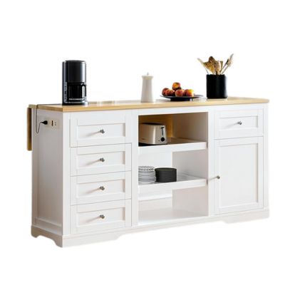 White kitchen sideboard with a wooden top featuring a coffee maker, a plate of apples, a toaster, and kitchen utensils. With its closed drawers and open shelves, it offers clever craft space ideas for organizing essentials neatly.