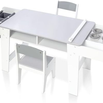 Children's white and gray activity table with two chairs, featuring storage compartments and cup holders, perfect for inspiring craft space ideas.