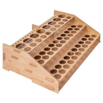 Wooden tiered stand with circular and rectangular slots, perfect for organizing crafts or other items.