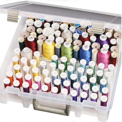 A plastic box neatly organizing colorful spools of thread is perfect for craft enthusiasts, offering a vibrant array to fuel your creativity.