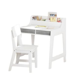 A white desk with an attached hutch featuring papers, books, and shelves provides the perfect craft space ideas. It's complemented by a matching chair, creating a harmonious and functional workspace.