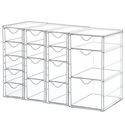 Stacked clear plastic storage drawers are perfect for organizing crafts, featuring two columns of four small drawers and two columns of two larger ones at the bottom.