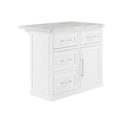 White kitchen island with a marble countertop, perfect for craft space ideas, featuring two large cabinets and three drawers with silver handles.