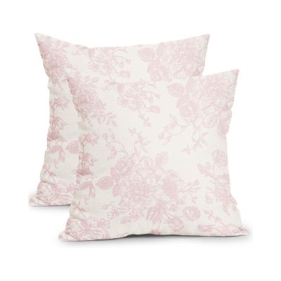 Two decorative pillows feature a pink floral pattern on a light background, offering the charming LoveShackFancy look for less.