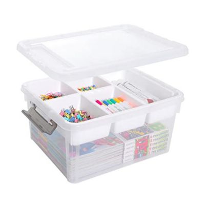 Transparent plastic storage box with a removable lid, perfect for organizing crafts. It features compartments for storing markers, magazines, and colorful paper clips.