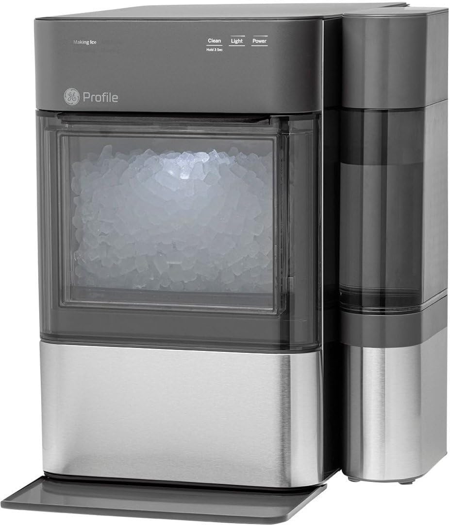 A stainless steel countertop ice maker with a transparent front window showing ice cubes and a side water reservoir, perfect for Prime Day deals.