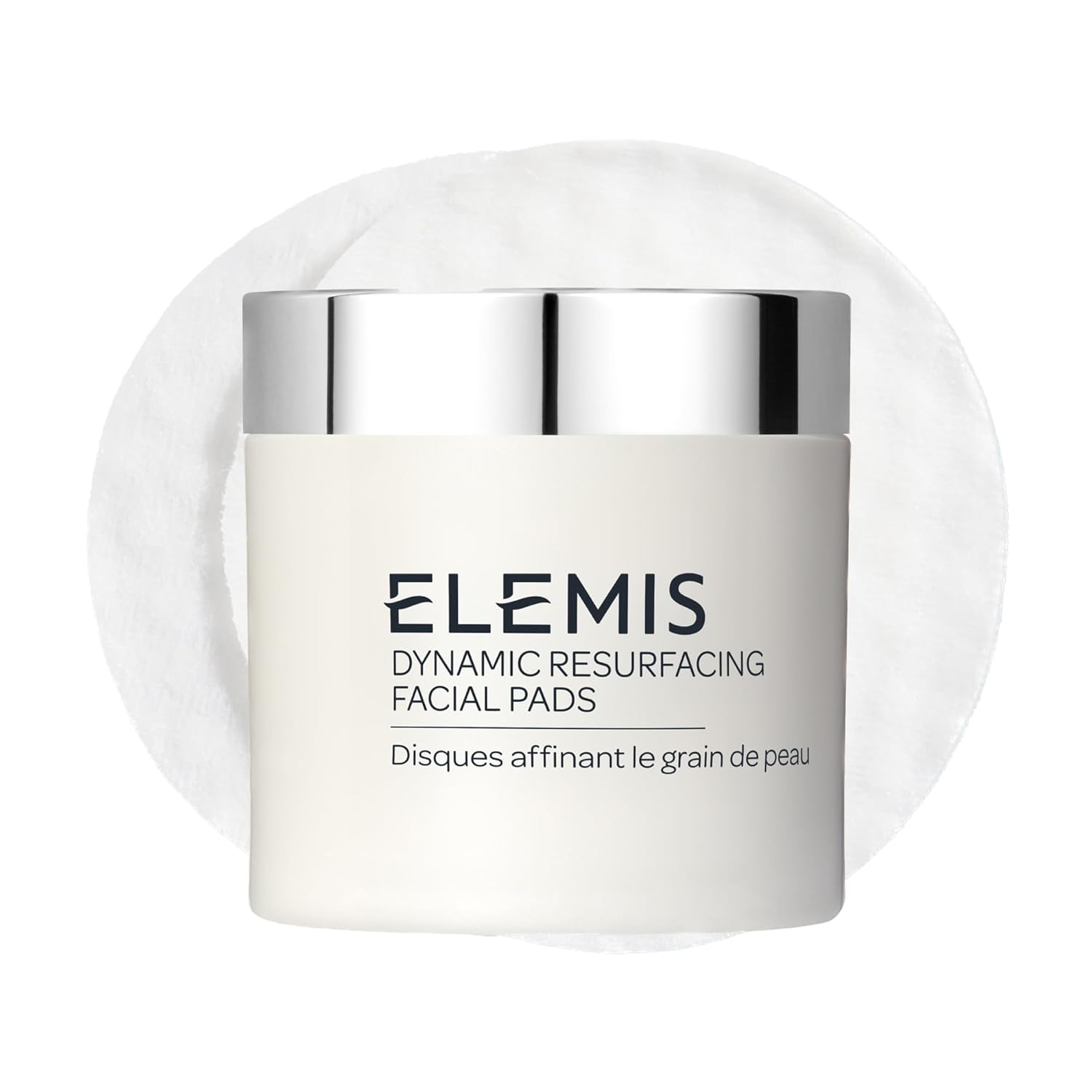 White jar with a silver lid labeled "Elemis Dynamic Resurfacing Facial Pads" is positioned in front of a single round facial pad on a white background—an ideal prime day pick for your skincare routine.