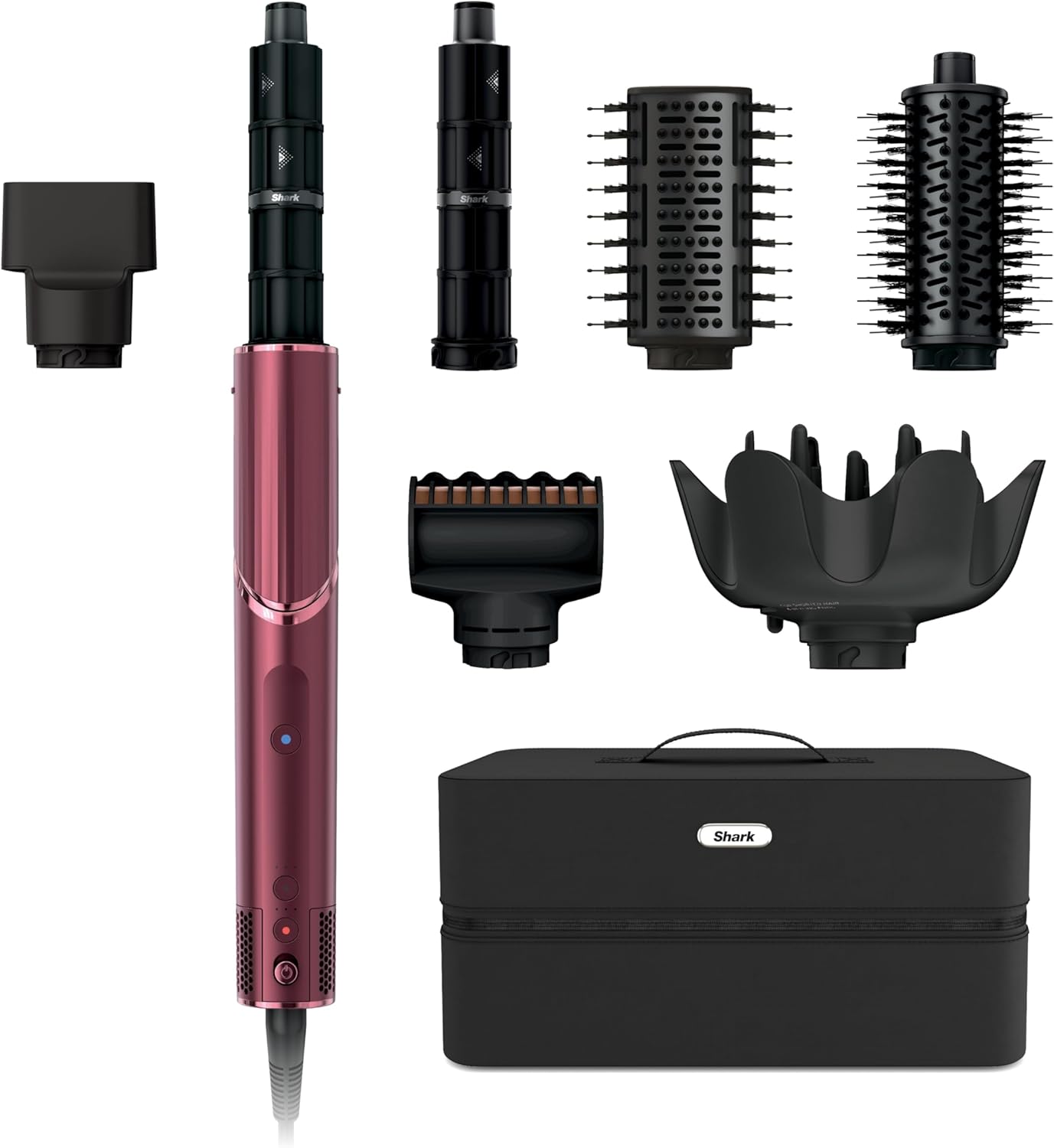 A red hair styling tool with seven interchangeable attachments and a black carrying case, all neatly arranged on a white background—perfect for snagging great deals this Prime Day.