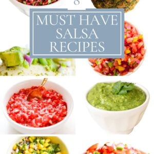 A collage of eight colorful salsa recipes in bowls, with the text "8 Must Have Salsa Recipes" in the center.