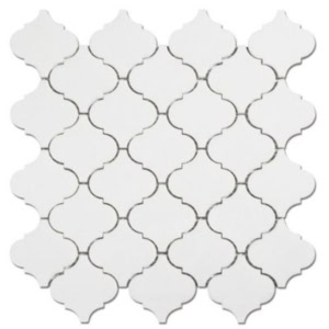 White arabesque mosaic tile sheet with repeating geometric shapes, arranged in a grid pattern against a plain background.